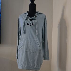 Light Green Long Pocket Hoodie With Lace Up Detail